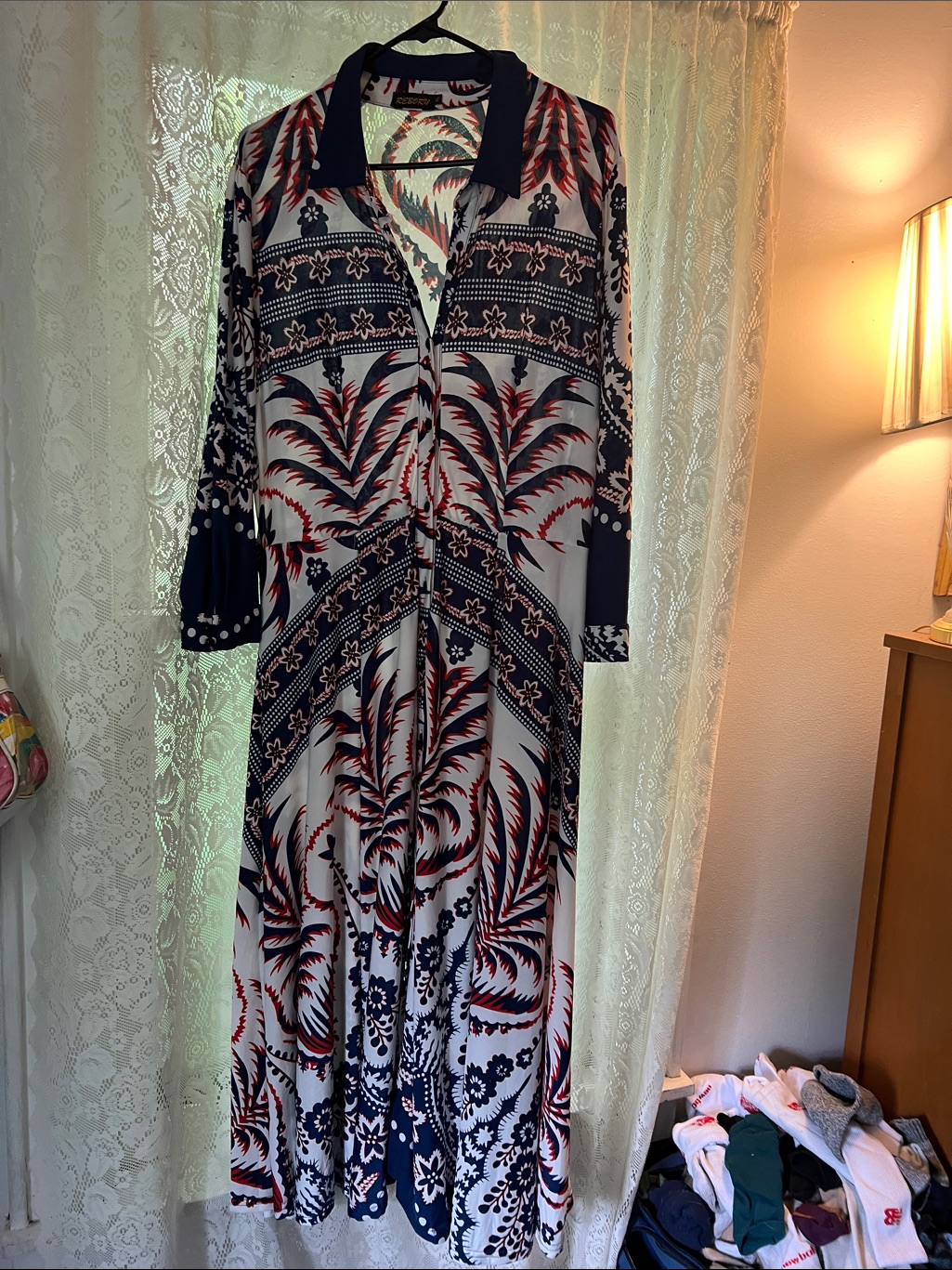 Reborn Navy, Red & White Printed Collared Maxi Dress